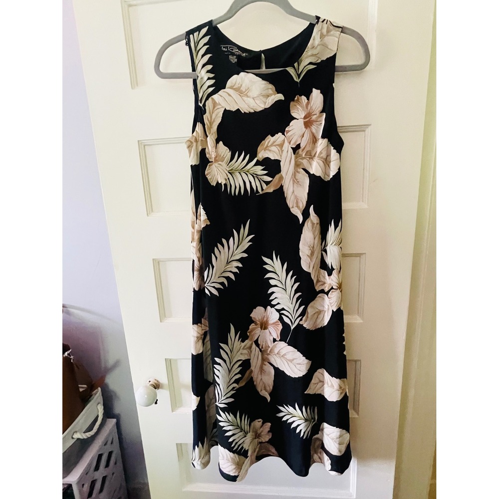 Tori Richard 100% Silk Shift Dress L Black  Floral Sleeveless Resort Midi